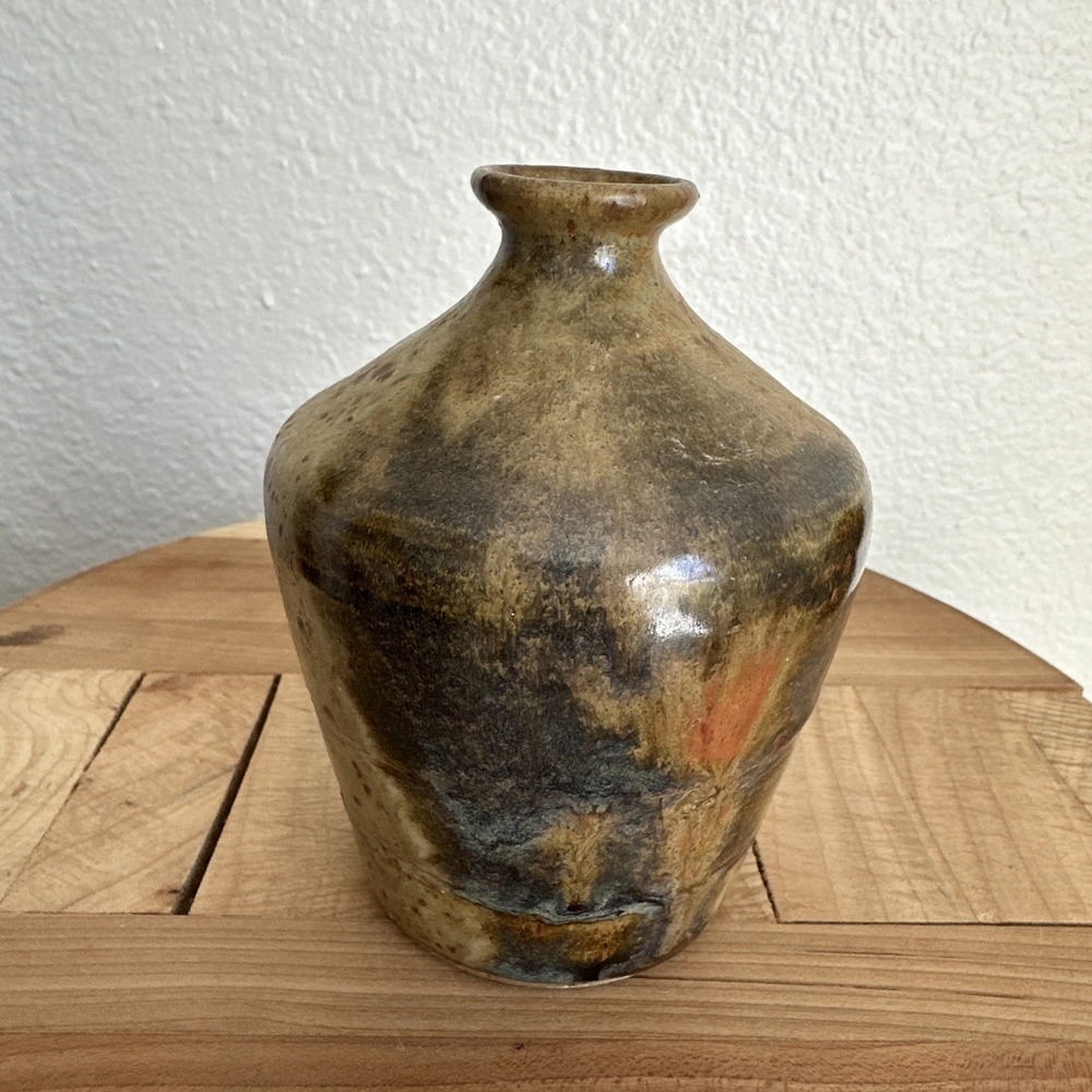VTG 90s Artisan Pottery Bud Vase‎ Stoneware 4.5 Inch Spotted Earth Tones Signed